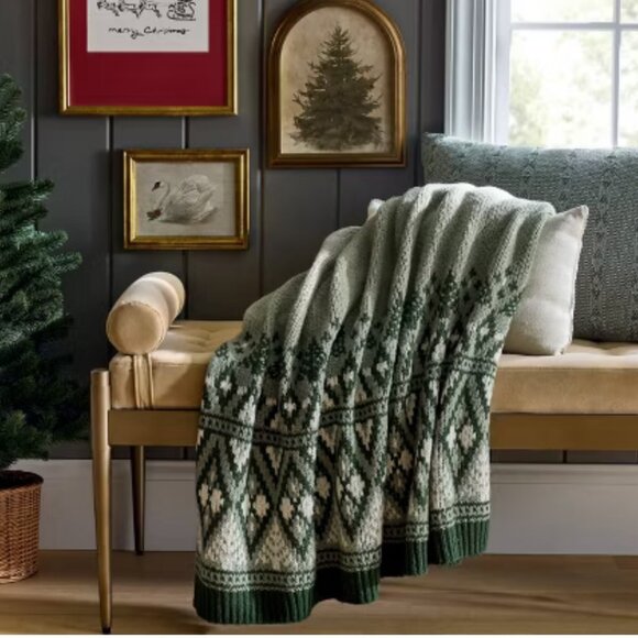 Threshold designed with Studio McGee Knit Fair Isle Throw Blanket‎ Green/Cream - Picture 1 of 4